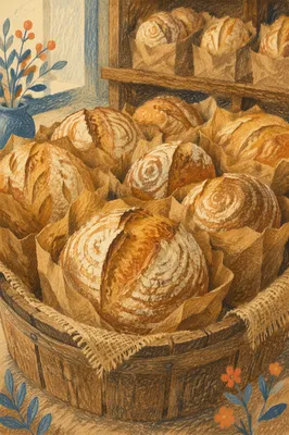 Fresh Artisan Sourdough Loaves in Rustic Basket