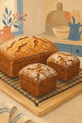 Fresh Artisan Bread Loaves on Bakery Rack