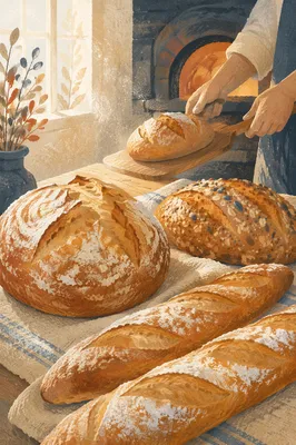 Rustic Artisan Bread Loaves on Worktable