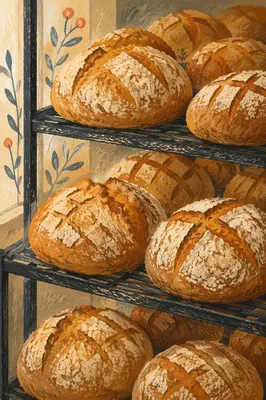 Fresh Artisan Bread Loaves on Bakery Racks