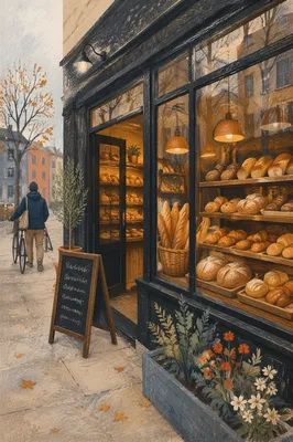 Artisan Bakery Storefront with Fresh Rustic Bread