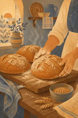 Fresh Artisan Loaves on Rustic Bakery Table