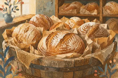 Fresh Artisan Sourdough Loaves in Rustic Basket