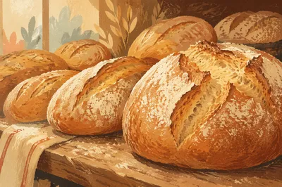 Fresh Artisan Bread Loaves on Rustic Bakery Shelf