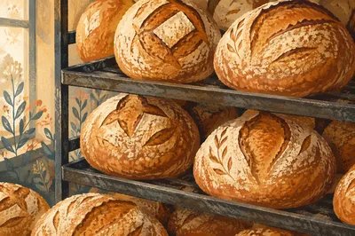 Fresh Artisan Bread Loaves on Bakery Racks