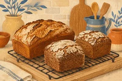 Fresh Artisan Bread Loaves on Bakery Rack