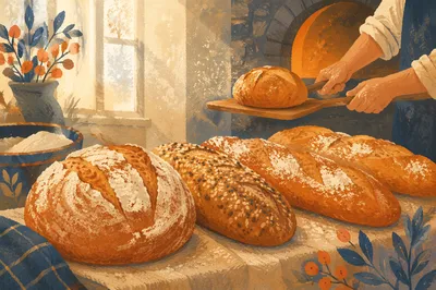 Rustic Artisan Bread Loaves on Wooden Table
