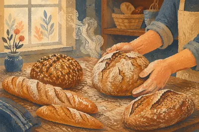 Fresh Artisan Bread Loaves in Bakery
