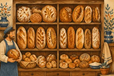 Rustic Artisan Bread Display on Wooden Shelves