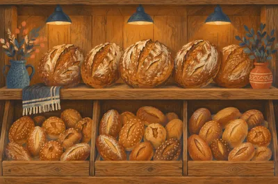 Warm Artisan Bakery Bread Shelf Display
