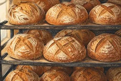 Fresh Artisan Bread Loaves on Bakery Racks