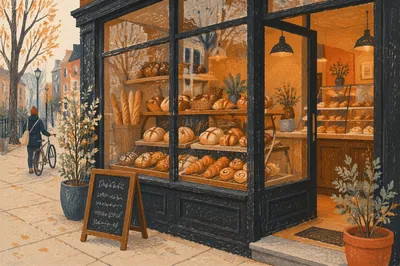 Warm Artisan Bakery Storefront With Fresh Loaves