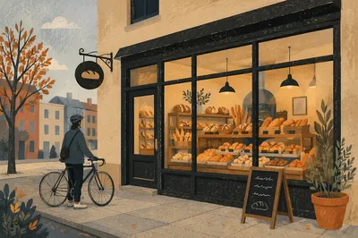 Warm Artisan Bakery Storefront with Fresh Loaves