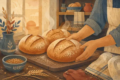 Fresh Artisan Loaves on Rustic Bakery Table