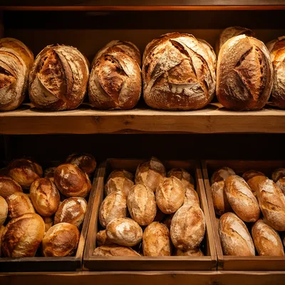 Fresh Artisan Bread on Wooden Bakery Shelves