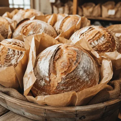 Fresh Artisan Sourdough Loaves in Rustic Basket
