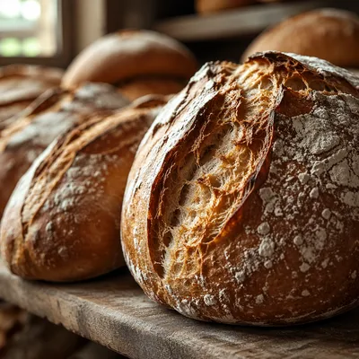Fresh Artisan Bread on Rustic Bakery Shelf
