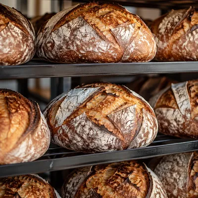 Fresh Artisan Bread on Bakery Racks