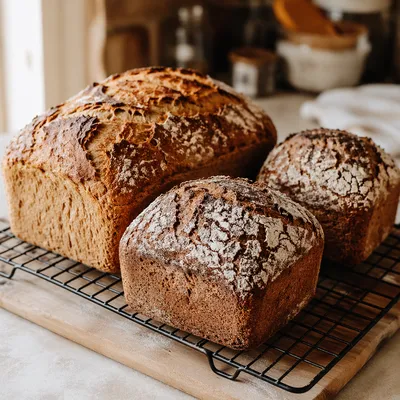 Fresh Artisan Bread Loaves on Wire Rack