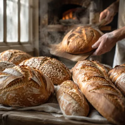 Fresh Artisan Bread Loaves on Rustic Table