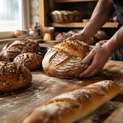 Fresh Artisan Bread Loaves in Bakery