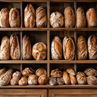 Rustic Artisan Bread Display on Wooden Shelves