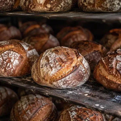 Fresh Artisan Bread Loaves on Bakery Racks