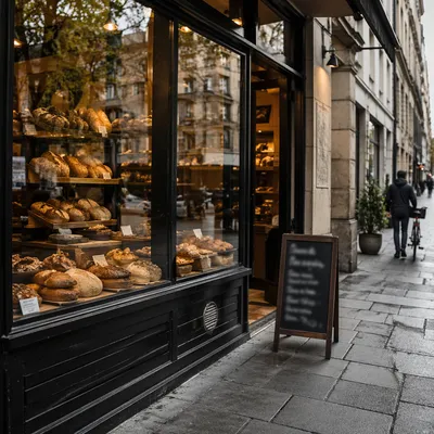 Warm Artisan Bakery Storefront with Fresh Loaves