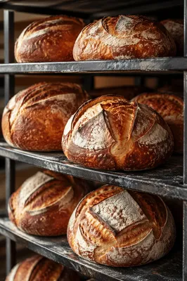 Fresh Artisan Sourdough Loaves on Bakery Racks