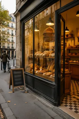 Warm Artisan Bakery Storefront with Fresh Loaves