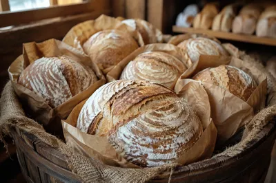 Fresh Artisan Sourdough Loaves in Rustic Bakery