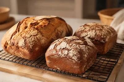 Fresh Artisan Bread Loaves on Wire Rack