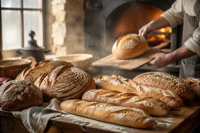 Fresh Artisan Bread Loaves on Rustic Table