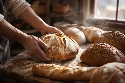 Fresh Artisan Bread Loaves in Bakery