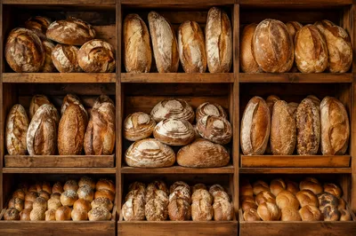 Rustic Artisan Bread Display on Wooden Shelves