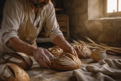 Fresh Artisan Loaves in Rustic Morning Bakery