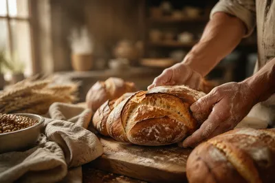 Fresh Artisan Loaves on Rustic Bakery Table