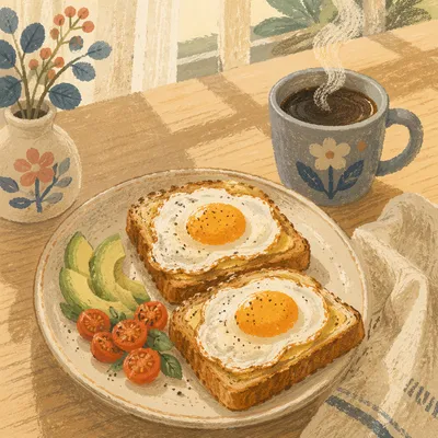 Sunlit Breakfast Table with Eggs and Coffee