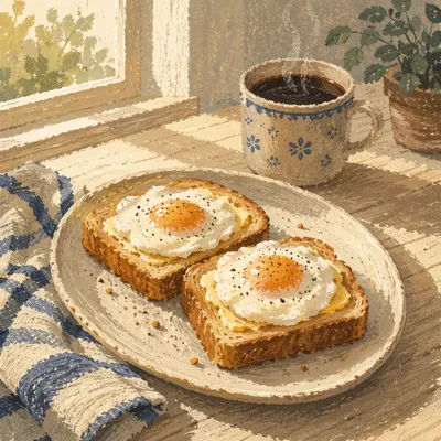 Cozy Breakfast Table with Eggs and Coffee