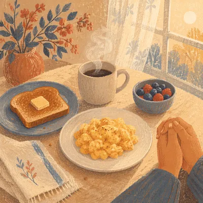 Morning Breakfast Prayer on Wooden Table
