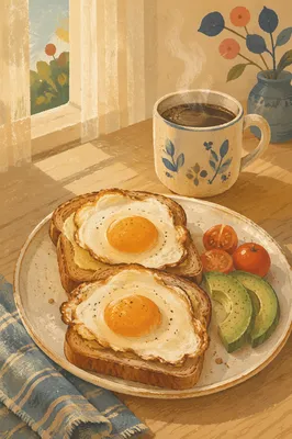 Sunlit Breakfast Table with Eggs and Coffee