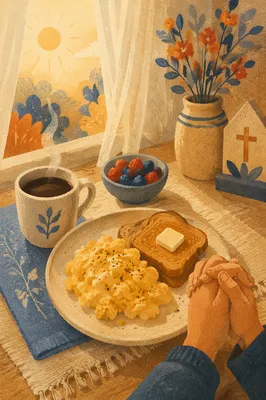 Prayerful Breakfast with Eggs Toast and Coffee
