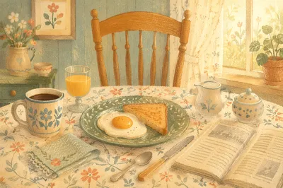 Cozy Sunlit Breakfast Table with Eggs