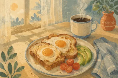 Sunlit Breakfast Table with Eggs and Coffee