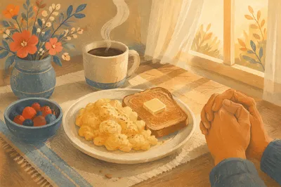 Peaceful Breakfast Prayer on Wooden Table