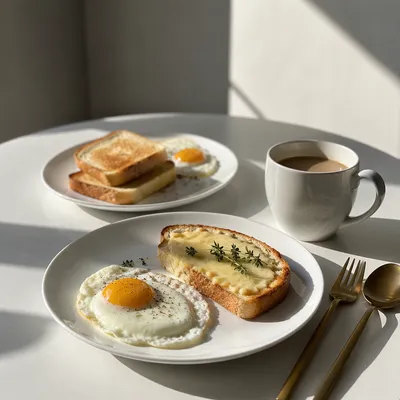 Minimalist Breakfast Table with Eggs and Coffee