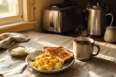 Quiet Morning Breakfast with Eggs and Coffee