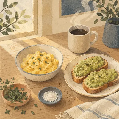 Cozy Breakfast Spread with Eggs and Avocado