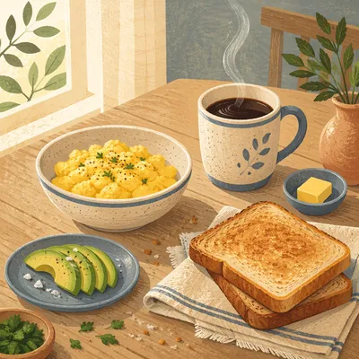 Rustic Breakfast Spread with Eggs and Coffee