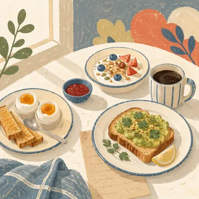 Bright Cafe Breakfast Spread with Coffee